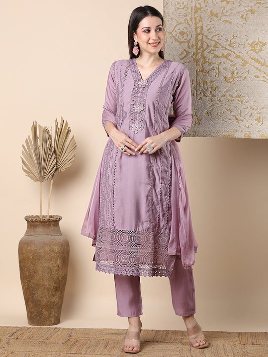 Solid Floral Embroidered Straight Kurta with Pant & Dupatta - Lavender