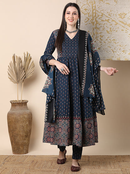 Ethnic Floral Printed & Embroidered Anarkali Flared Kurta with Pant & Dupatta - Blue