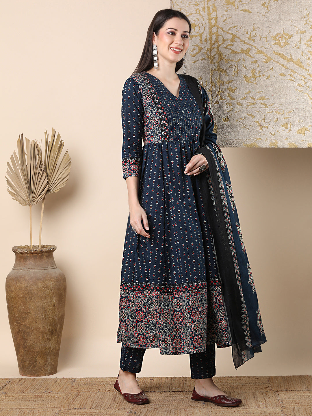 Ethnic Floral Printed & Embroidered Anarkali Flared Kurta with Pant & Dupatta - Blue