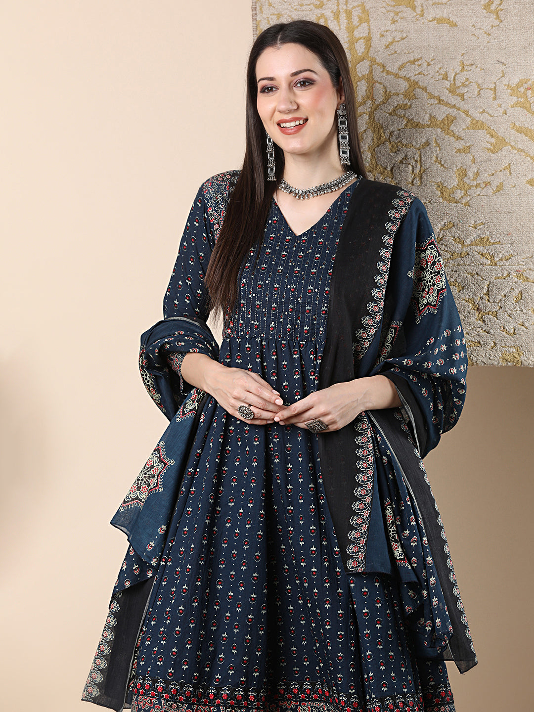 Ethnic Floral Printed & Embroidered Anarkali Flared Kurta with Pant & Dupatta - Blue