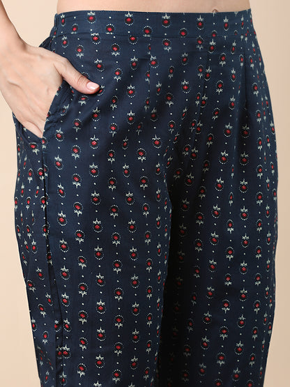 Ethnic Floral Printed & Embroidered Anarkali Flared Kurta with Pant & Dupatta - Blue