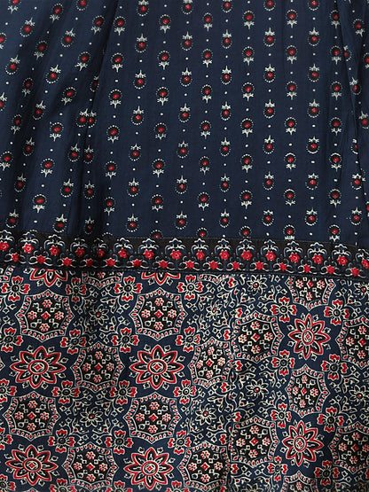 Ethnic Floral Printed & Embroidered Anarkali Flared Kurta with Pant & Dupatta - Blue