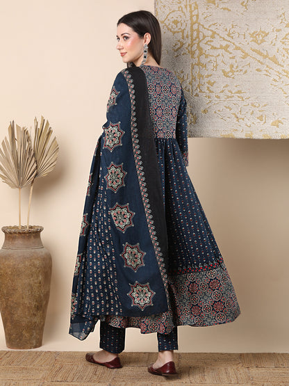 Ethnic Floral Printed & Embroidered Anarkali Flared Kurta with Pant & Dupatta - Blue