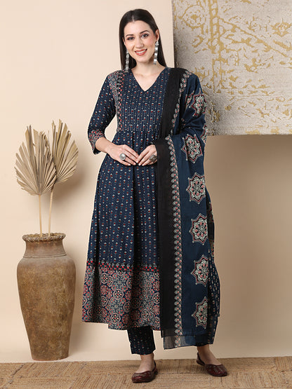 Ethnic Floral Printed & Embroidered Anarkali Flared Kurta with Pant & Dupatta - Blue