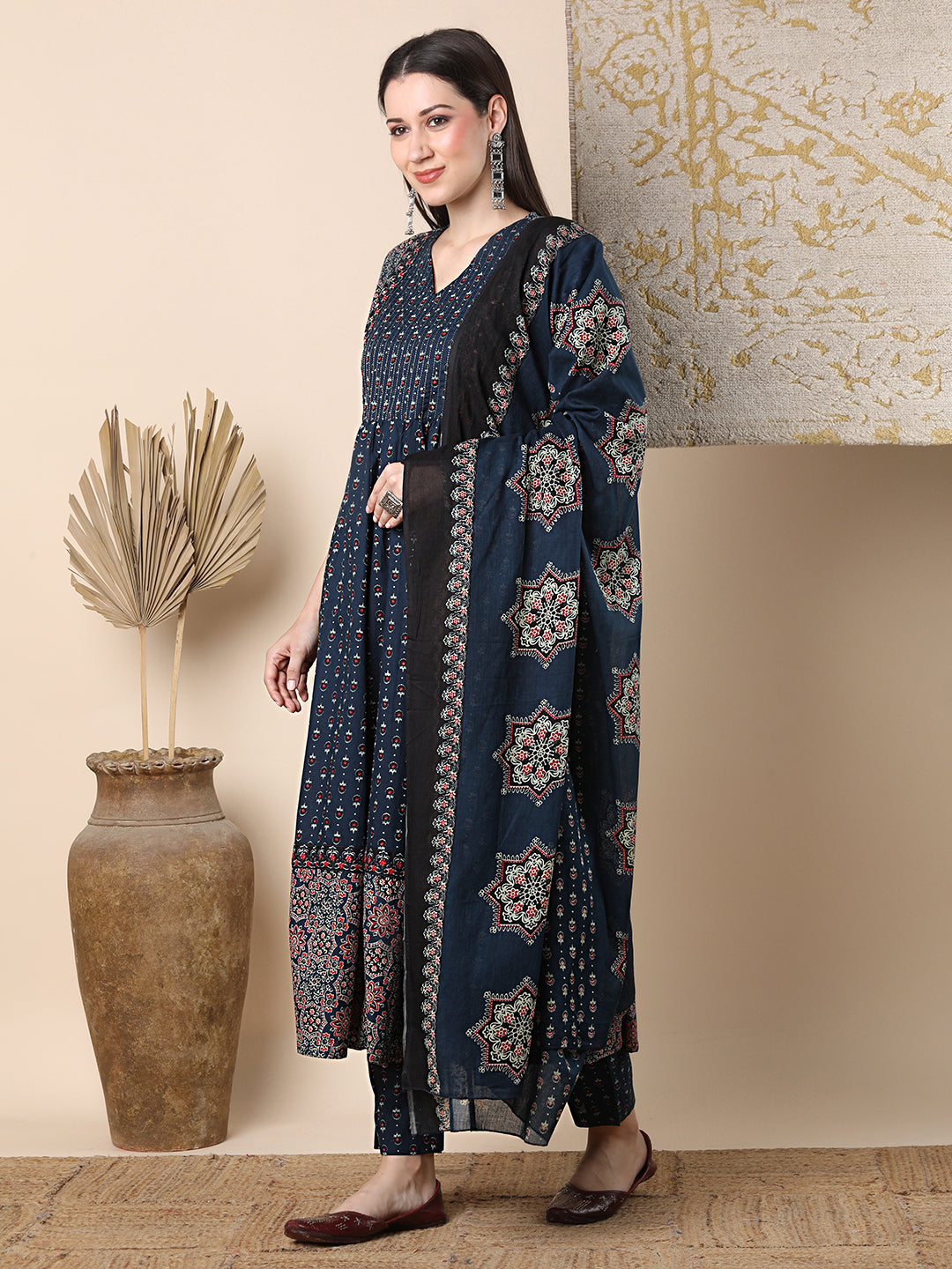 Ethnic Floral Printed & Embroidered Anarkali Flared Kurta with Pant & Dupatta - Blue