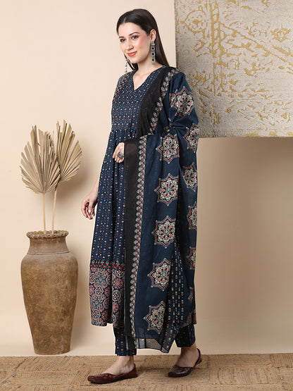 Ethnic Floral Printed & Embroidered Anarkali Flared Kurta with Pant & Dupatta - Blue