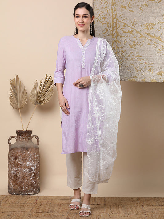 Solid Stripes Woven Straight Fit Kurta with Pant & Dupatta - Lavender