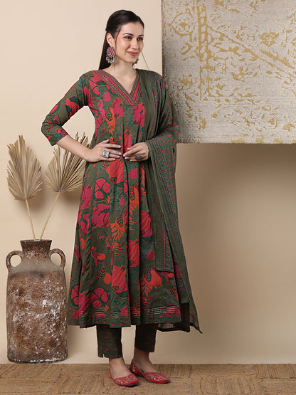 Ethnic Floral Printed & Embroidered Anarkali Flared Kurta with Pant & Dupatta - Green