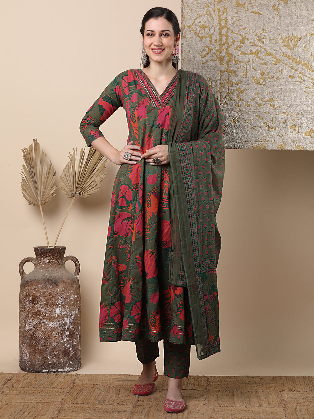 Ethnic Floral Printed & Embroidered Anarkali Flared Kurta with Pant & Dupatta - Green