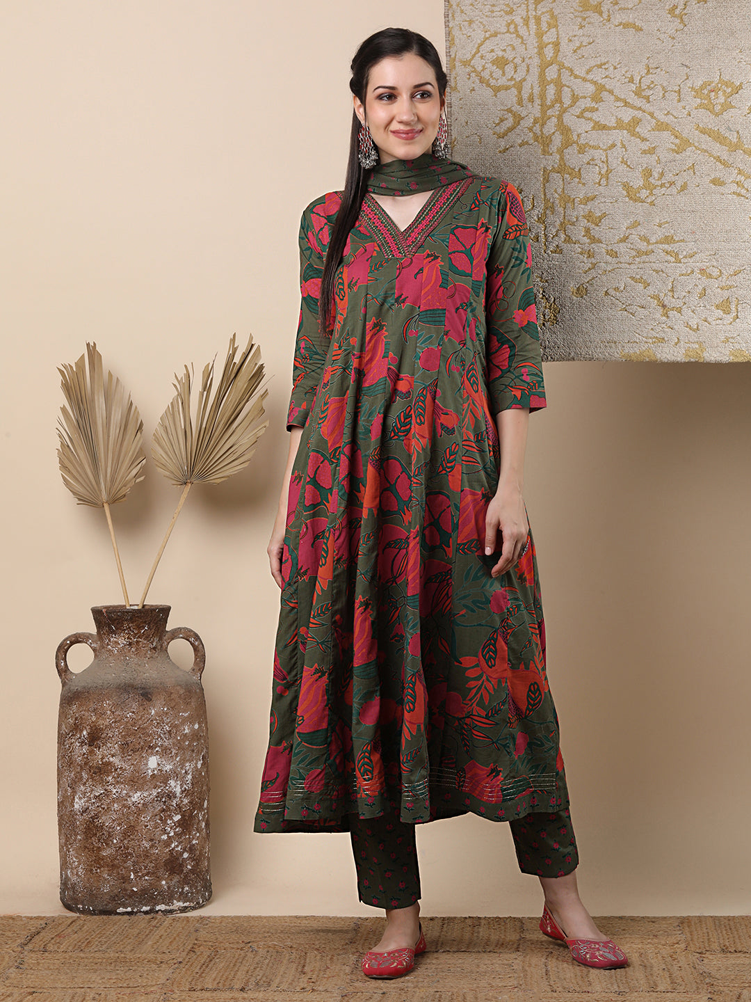 Ethnic Floral Printed & Embroidered Anarkali Flared Kurta with Pant & Dupatta - Green