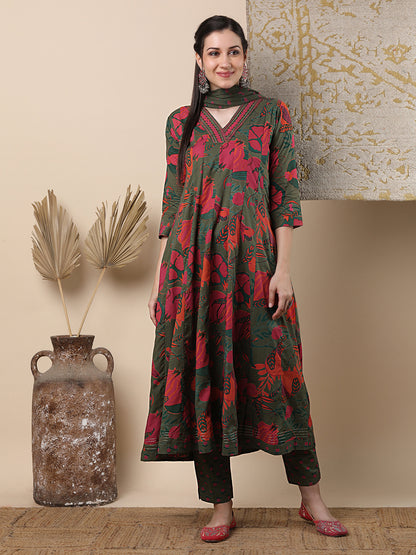 Ethnic Floral Printed & Embroidered Anarkali Flared Kurta with Pant & Dupatta - Green