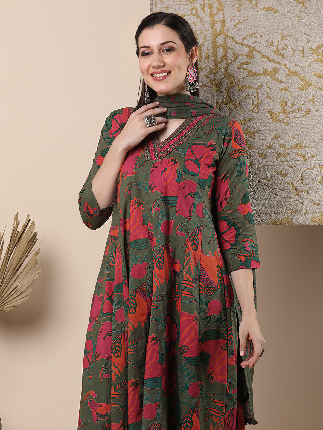 Ethnic Floral Printed & Embroidered Anarkali Flared Kurta with Pant & Dupatta - Green