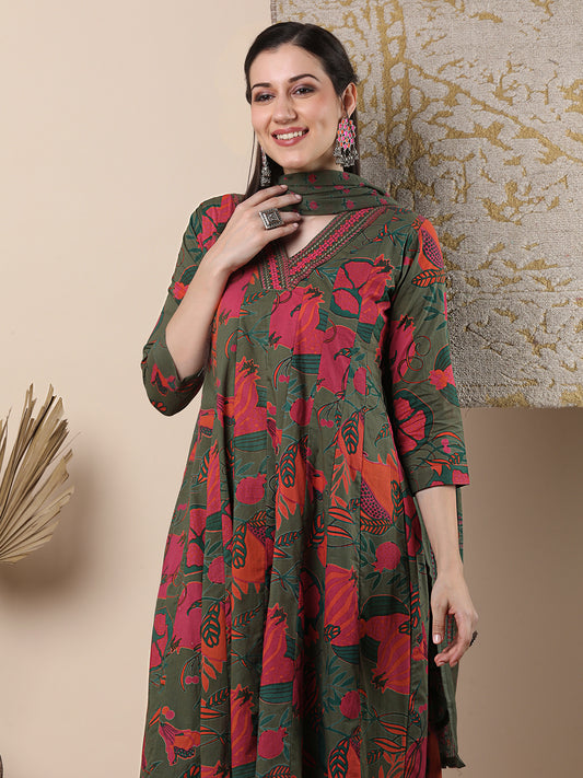 Ethnic Floral Printed & Embroidered Anarkali Flared Kurta with Pant & Dupatta - Green