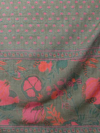 Ethnic Floral Printed & Embroidered Anarkali Flared Kurta with Pant & Dupatta - Green
