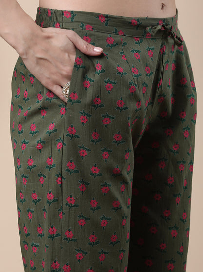 Ethnic Floral Printed & Embroidered Anarkali Flared Kurta with Pant & Dupatta - Green