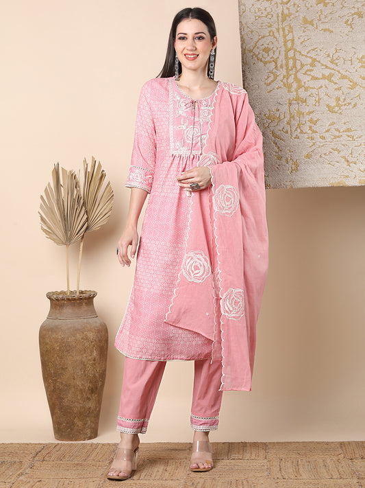 Ethnic Printed & Floral Embroidered A-Line Kurta with Pant & Dupatta - Pink