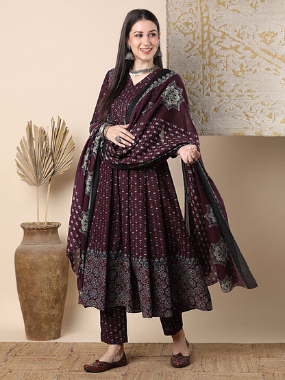 Ethnic Floral Printed & Embroidered Anarkali Flared Kurta with Pant & Dupatta - Burgundy
