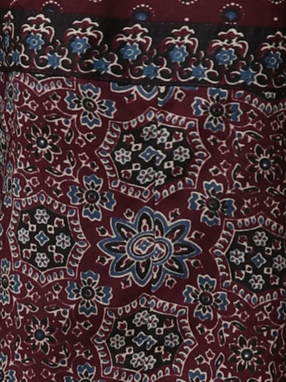 Ethnic Floral Printed & Embroidered Anarkali Flared Kurta with Pant & Dupatta - Burgundy