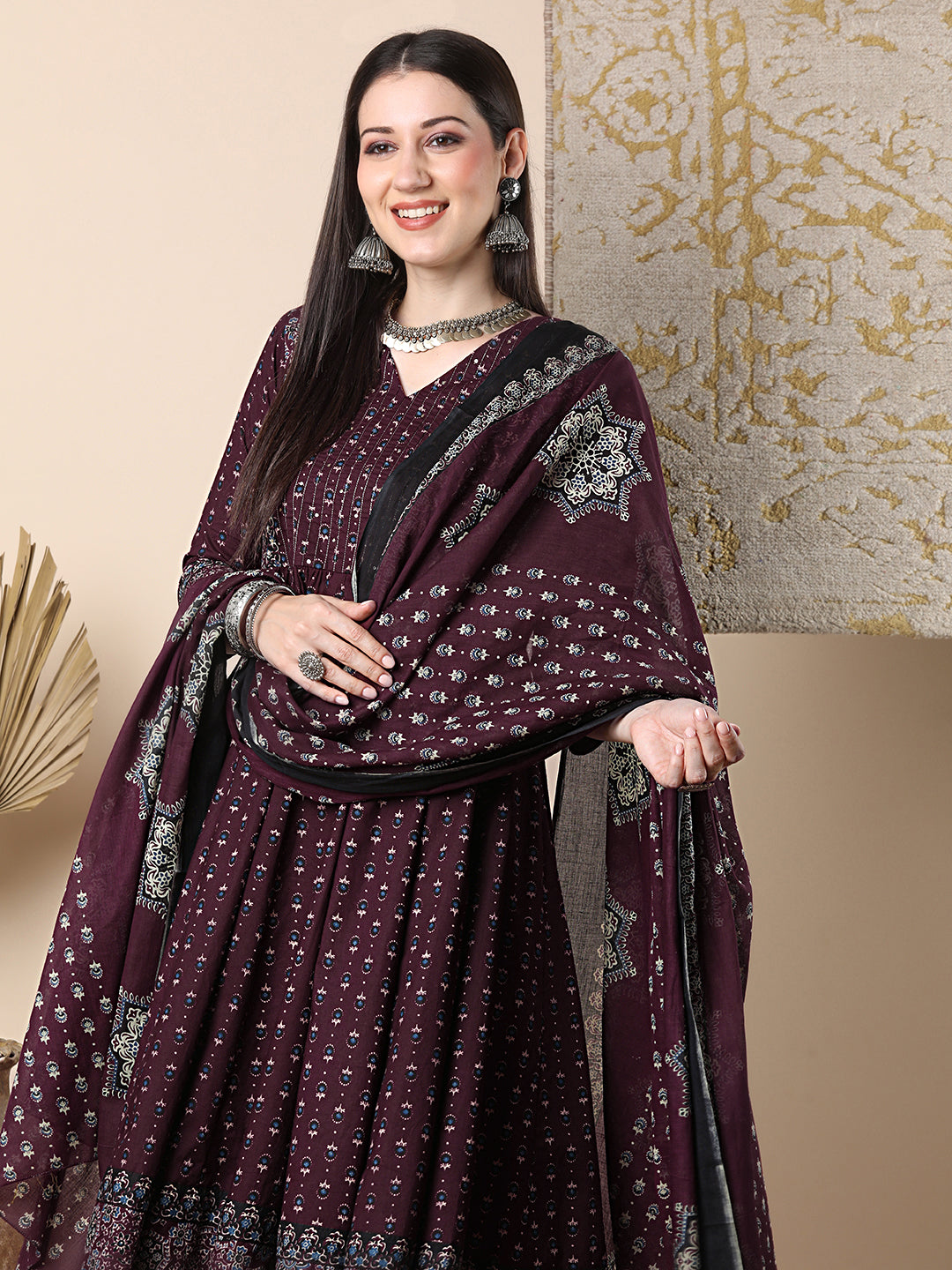 Ethnic Floral Printed & Embroidered Anarkali Flared Kurta with Pant & Dupatta - Burgundy