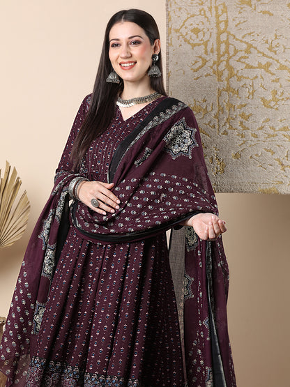 Ethnic Floral Printed & Embroidered Anarkali Flared Kurta with Pant & Dupatta - Burgundy