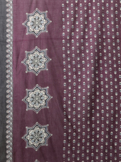 Ethnic Floral Printed & Embroidered Anarkali Flared Kurta with Pant & Dupatta - Burgundy