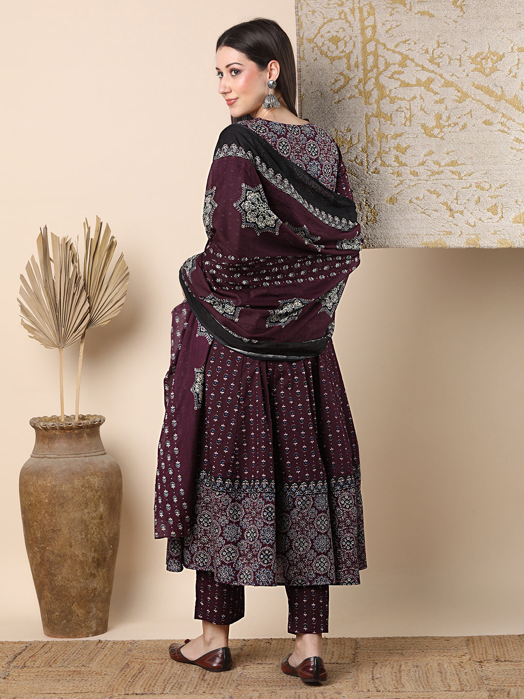 Ethnic Floral Printed & Embroidered Anarkali Flared Kurta with Pant & Dupatta - Burgundy