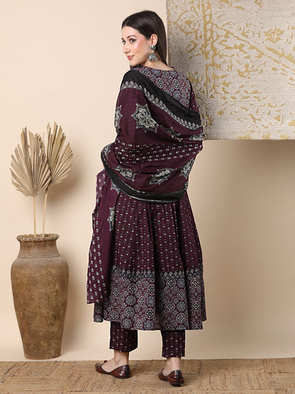 Ethnic Floral Printed & Embroidered Anarkali Flared Kurta with Pant & Dupatta - Burgundy
