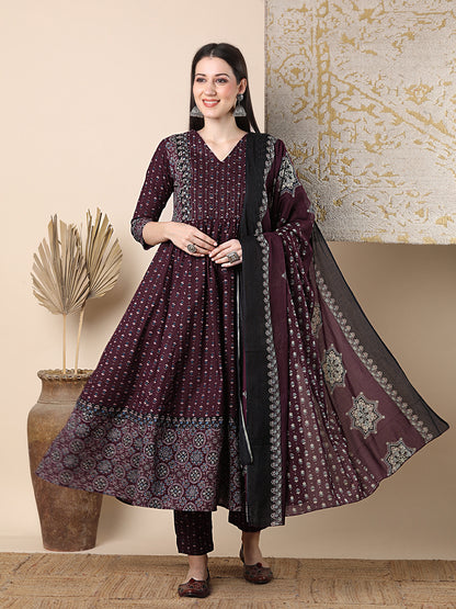 Ethnic Floral Printed & Embroidered Anarkali Flared Kurta with Pant & Dupatta - Burgundy