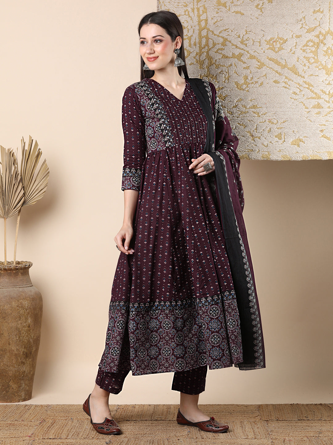 Ethnic Floral Printed & Embroidered Anarkali Flared Kurta with Pant & Dupatta - Burgundy