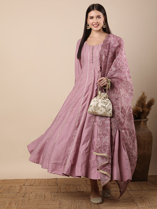 Solid Ethnic Anarkali Flared Maxi Dress with Printed & Embroidered Dupatta - Lavender