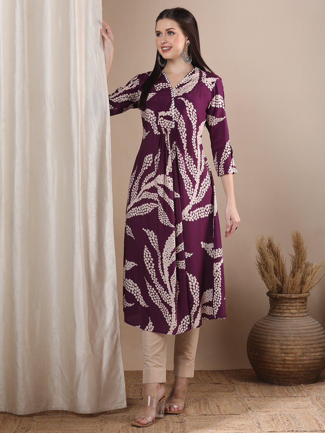 Abstract Floral Printed & Embroidered A-Line Flared Maxi Dress - Purple