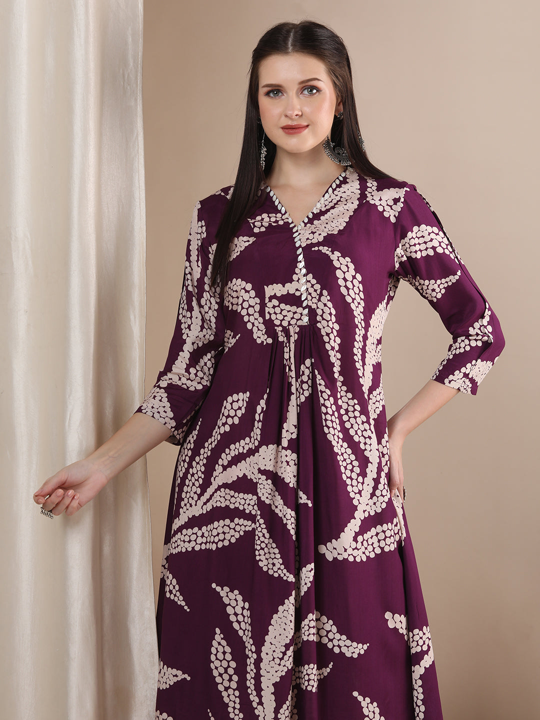 Abstract Floral Printed & Embroidered A-Line Flared Maxi Dress - Purple