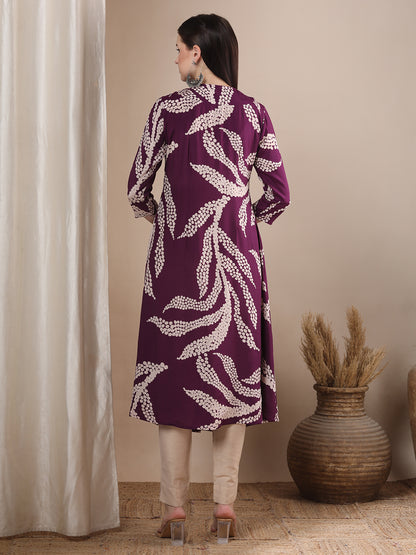 Abstract Floral Printed & Embroidered A-Line Flared Maxi Dress - Purple