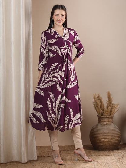 Abstract Floral Printed & Embroidered A-Line Flared Maxi Dress - Purple