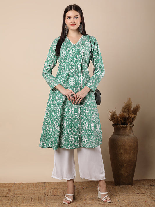 Ethnic Tribal Printed A-Line Angrakha Style Flared Kurta - Green