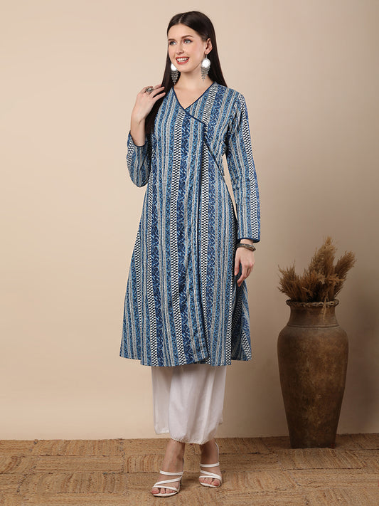 Floral Stripes Printed A-Line Angrakha Style Flared Kurta - Blue