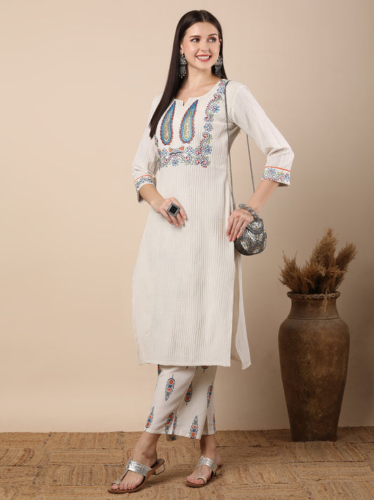 Mughal Floral Printed Embroidered Straight Fit Kurta with Palazzo - Off White