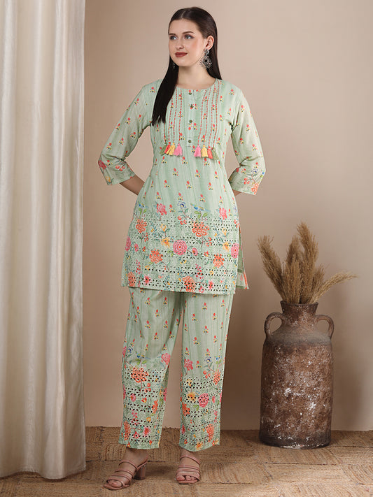 Floral Printed & Kantha Embroidered Straight Fit Co-ord Set - Mint Green