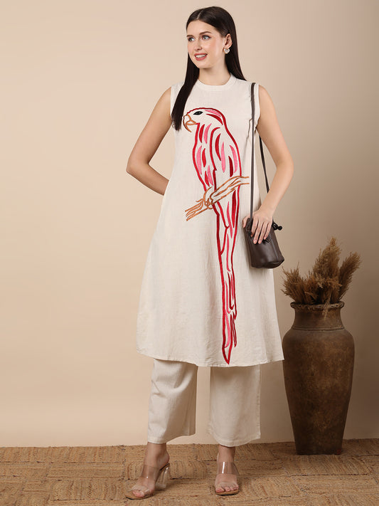 Solid Parrot Threadwork Embroidered A-Line Co-ord Set - Off White