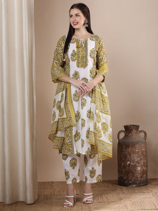 Floral Printed & Embroidered Straight Kurta with Pant & Dupatta - Yellow