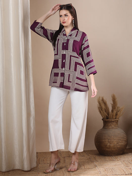 Abstract Geometric Printed Straight Fit Shirt - Purple