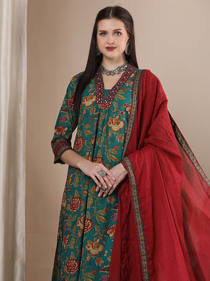 Ethnic Ikat Printed & Embroidered A-line Pleated Kurta with Pant and Dupatta - Sea Green