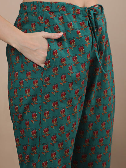 Ethnic Ikat Printed & Embroidered A-line Pleated Kurta with Pant and Dupatta - Sea Green