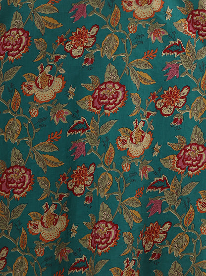 Ethnic Ikat Printed & Embroidered A-line Pleated Kurta with Pant and Dupatta - Sea Green