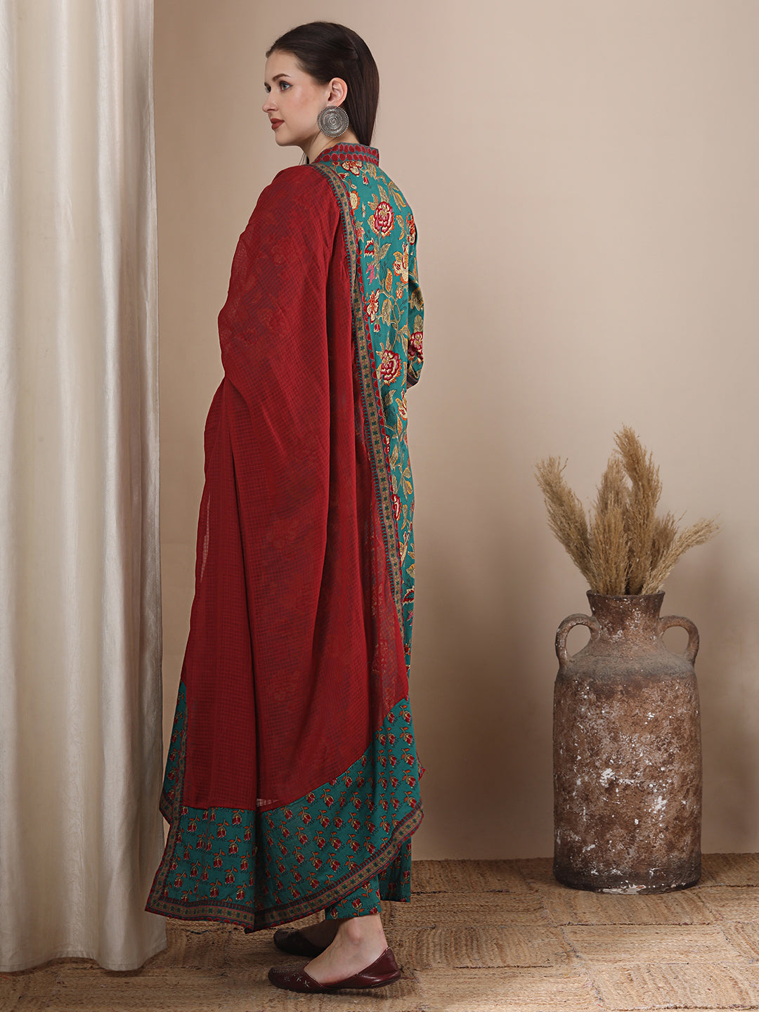 Ethnic Ikat Printed & Embroidered A-line Pleated Kurta with Pant and Dupatta - Sea Green