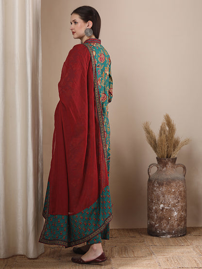 Ethnic Ikat Printed & Embroidered A-line Pleated Kurta with Pant and Dupatta - Sea Green