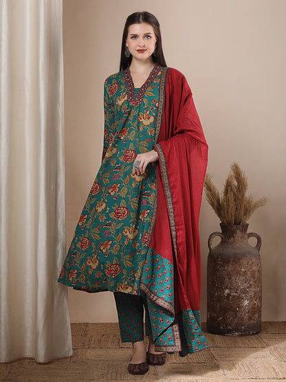 Ethnic Ikat Printed & Embroidered A-line Pleated Kurta with Pant and Dupatta - Sea Green