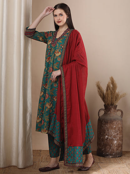 Ethnic Ikat Printed & Embroidered A-line Pleated Kurta with Pant and Dupatta - Sea Green