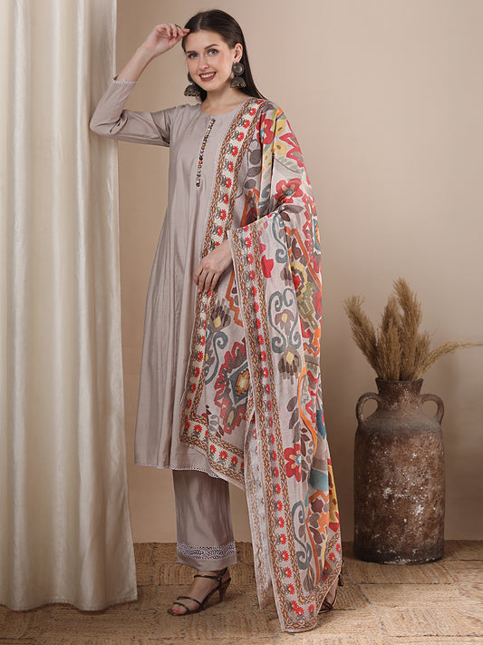 Solid Ethnic Anarkali Flared Kurta with Palazzo and Printed Dupatta - Taupe