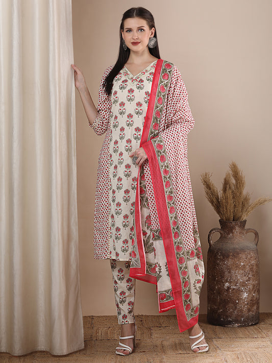 Floral Printed & Embroidered Straight Kurta with Pant & Dupatta - Off White